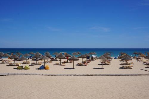 
a beach filled with lots of beach chairs and umbrellas at CoolHouses Algarve Luz, 5 bed villa & pool, Casa N in Luz
