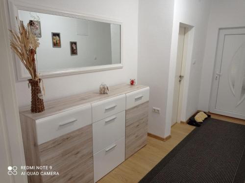 a bathroom with a vanity with a large mirror at DALMAR Apartman in Bihać