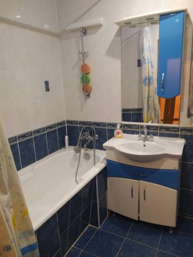 Уютная однокомнатная квартира в г. Бровары في بوفاري: حمام مع حوض وحوض استحمام