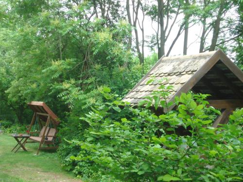 a small building with a wooden roof in a garden at Mikin dol Baranja Country house in Draž