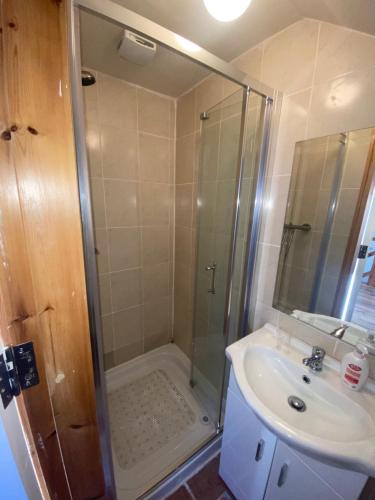 ein Bad mit einer Dusche und einem Waschbecken in der Unterkunft Connemara Chalet in Galway