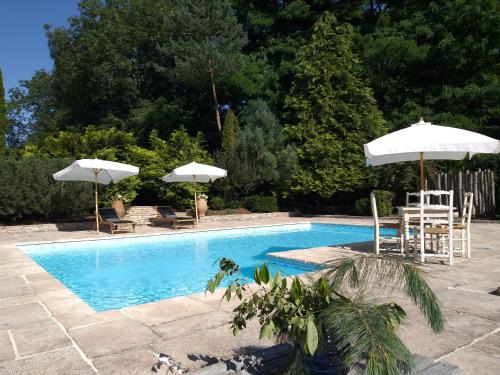 una piscina con 2 sombrillas, sillas y una mesa en Lorraine Badonviller Keep Cool, en Badonviller
