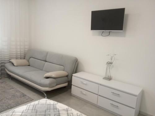 a living room with a couch and a tv at Modern fresh-new appartment near the park Sofievka in Umanʼ