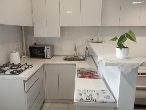 a white kitchen with a stove and a sink at Modern fresh-new appartment near the park Sofievka in Umanʼ