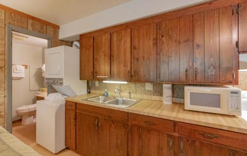 a kitchen with a sink and a microwave at Swiss Mountain Village in Blowing Rock