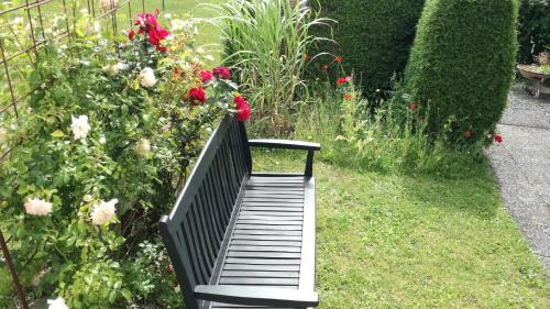 a black bench in a garden with roses at Wohlfühlmomente im Nordschwarzwald in Pfalzgrafenweiler