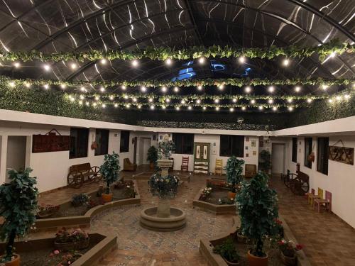 a large room with lights and potted plants at Amanecer Ranchero in Tequisquiapan