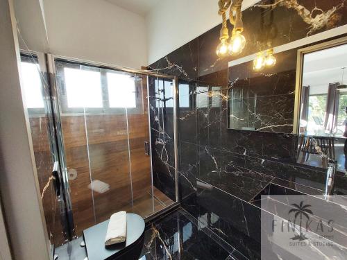 a bathroom with a shower and a toilet and a mirror at Finikas Suites & Apartments Airport By Airstay in Artemida