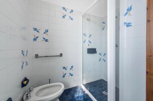 a bathroom with a toilet and a shower with blue tiles at Casa degli Ulivi in San Felice del Benaco