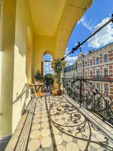 a balcony with a view of a city at Moon Hostel Warszawa in Warsaw