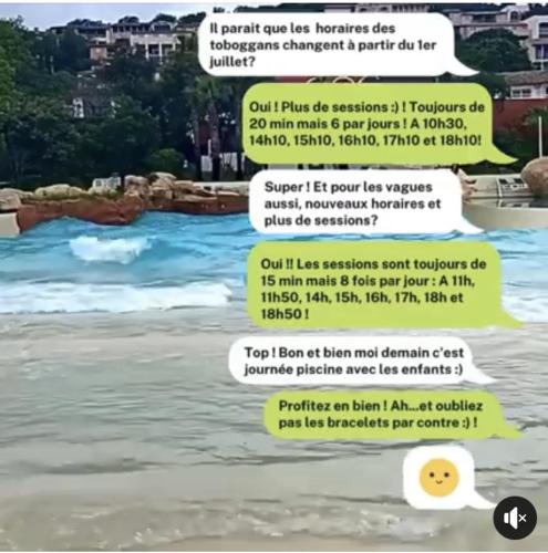 a screenshot of a text message with descriptions of the beach at Les Restanques vue mer Pressoir 3131 in Grimaud
