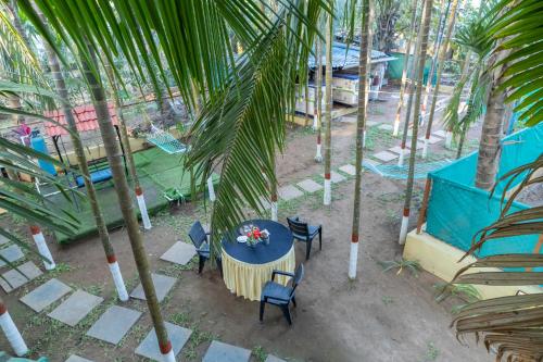 an overhead view of a table and chairs and palm trees at Coconut Beach Farm in Alibaug
