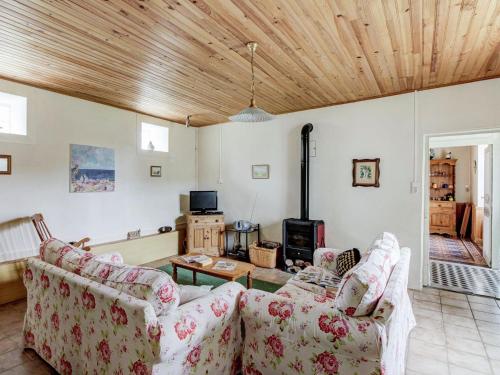 a living room with two couches and a wood ceiling at Traditional house Fishing walking 30km from Vesoul in Vanne