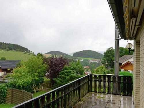 DiemelseeにあるCosy Apartment in Diemelsee with Fenced Gardenの山を背景にした家のバルコニー