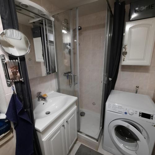 La petite salle de bains est pourvue d'une douche et d'un lave-linge. dans l'établissement Ambiance-Provence, à Vidauban