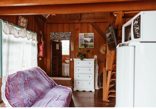 um quarto com um frigorífico e uma cómoda num quarto em Chalé Sol com hidromassagem em meio a natureza em Piçarras