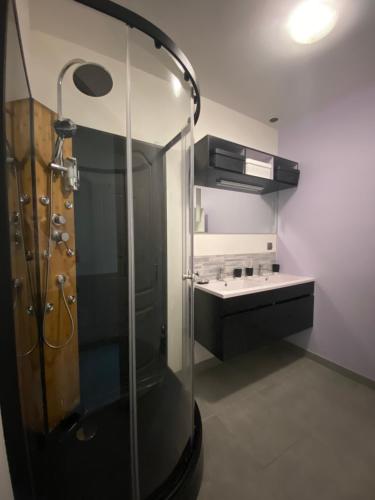 a bathroom with a glass shower and a sink at Gîtes de Chauvet in Gap