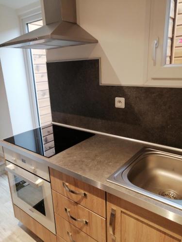 une cuisine avec un évier et un plan de travail dans l'établissement La maison du bonheur, à Calais