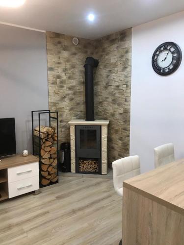 a living room with a fireplace and a clock on a wall at Apartament Nowodworska in Elblag