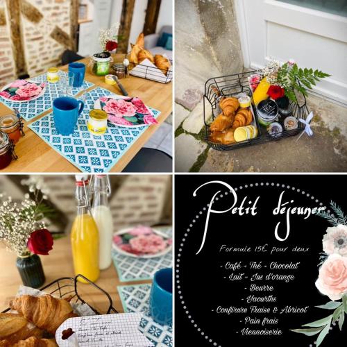 a collage of pictures of a table with food and flowers at Joli appartement quartier historique in Moulins