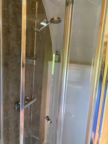a shower with a glass door in a bathroom at Robins Nest Glamping Pod with Hot Tub in Keith