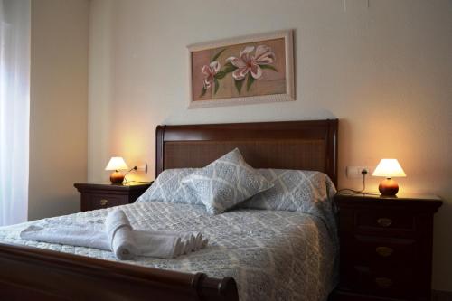 sypialnia z łóżkiem z 2 szafkami nocnymi i 2 lampami w obiekcie Apartamento Ribera Real II w Kordobie