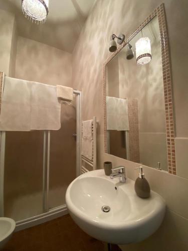 a bathroom with a sink and a mirror and a shower at Bed & Breakfast Cascina Beatrice in Rodello