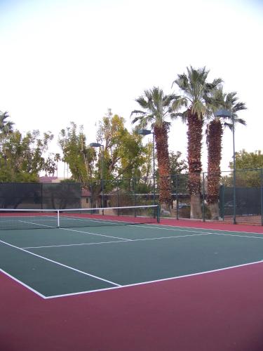 a tennis court with palm trees in the background at The Oasis Resort in Palm Springs