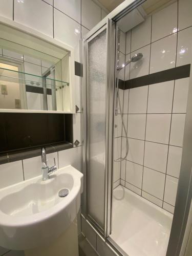 La salle de bains est pourvue d'un lavabo et d'une douche en verre. dans l'établissement Appartement Walvis nr. 22, à Vrouwenpolder