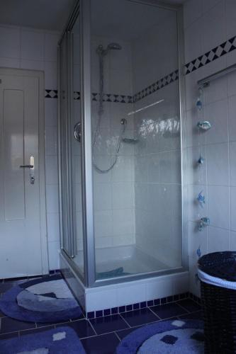 a bathroom with a shower with a glass door at sonnberg in Ischgl