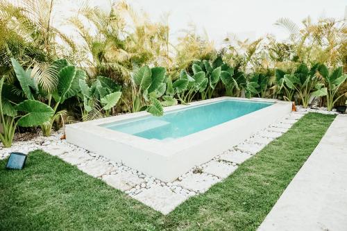 a swimming pool in a garden with grass and plants at Boho Twin Villa 35 in Punta Cana