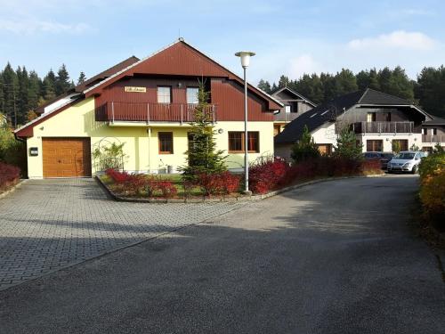 beautiful villa at the Lipno Lake with ski pistes في Kramolín: منزل على شارع مع ممر