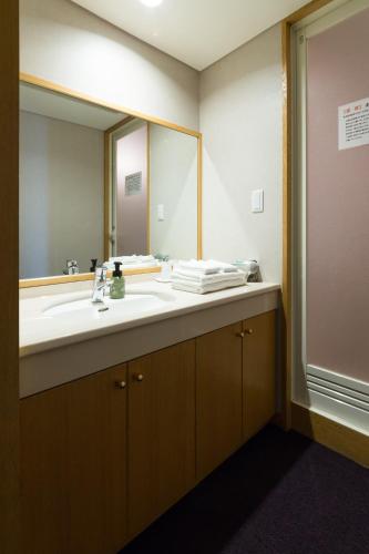 a bathroom with a sink and a large mirror at Kochi Pacific Hotel in Kochi