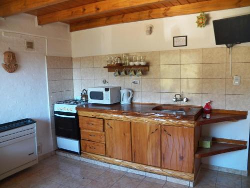 a small kitchen with a sink and a microwave at Apart HAKUNA in Villa Pehuenia