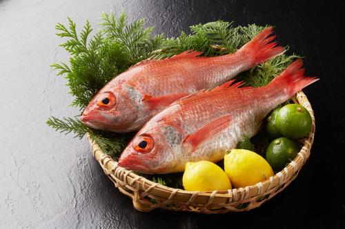 two fish are sitting in a basket with lemons at Fujiya in Niigata