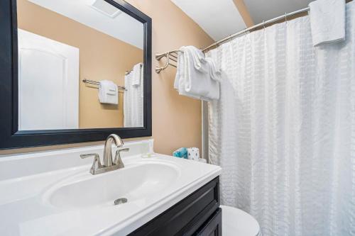 ein Bad mit einem Waschbecken und einem Duschvorhang in der Unterkunft Crystal Gem in Thompsonville