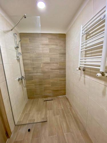Un baño con ducha con puerta de cristal. en Bakuriani Plaza A113, en Bakuriani