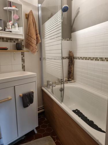 une salle de bain avec une baignoire et un lavabo dans l'établissement Torreilles plage: villa atypique bord de mer méditerranée, à Torreilles