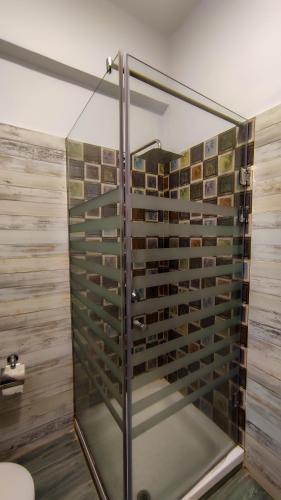 a walk in shower with glass doors in a bathroom at Shams Hotel & Dive Centre in Dahab