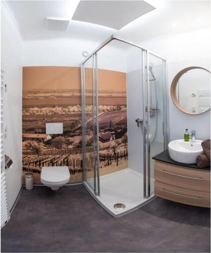 a bathroom with a shower and a toilet and a sink at Pension Julia & Haus Elisabeth - Wallner's Hofheuriger & Weinhof in Mörbisch am See