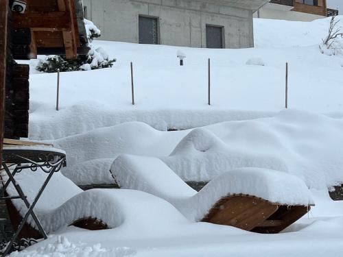 a garden covered in snow in a yard at Schwarzhornblick in Grächen
