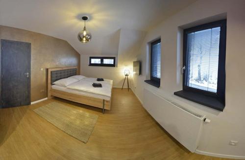 sypialnia z łóżkiem i 2 oknami w obiekcie Apartmány Fun & Relax Dolní Morava w mieście Dolní Morava