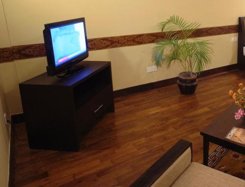 a television on a stand in a living room at Hotel Tibet International in Kathmandu
