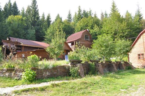 a house with a stone wall in front of a yard at Zarinok in Pilipets
