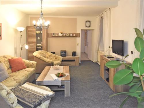 a living room with a couch and a tv at Spacious apartment in Harz near ski area in Blankenburg