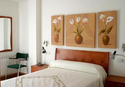 ア・コルーニャにあるApartamentos Pazo do Rioのベッドルーム1室(壁に4つの絵画が飾られたベッド1台付)