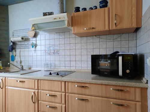 a kitchen with a sink and a microwave at Ferienwohnung Tuchscherer in Cranzahl