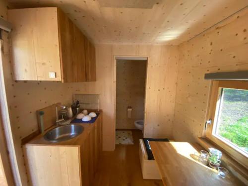 a kitchen in a tiny house with a sink at Zinipi Retreat Gelenau "Eber" in Wiltzsch