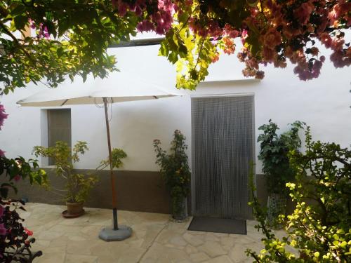 a white umbrella in a courtyard with potted plants at Belvilla by OYO Aubergine in San Miguel de Balansat
