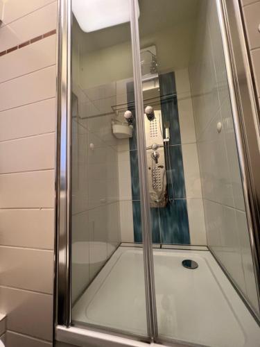 une douche avec une porte vitrée dans une salle de bain dans l'établissement Sweet Home Inside Dresden Apartment One, à Dresde